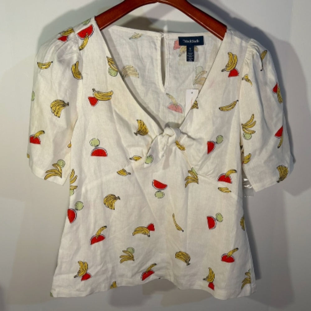 ModCloth Pack a Picnic Tie Front Puff Sleeves Fruit Print Linen Top Cream Size S